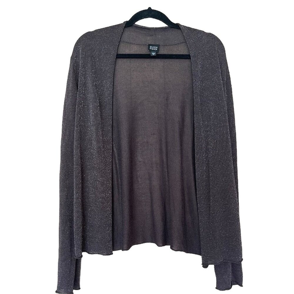 Eileen Fisher Brown Gold Sparkle Open Linen Blend Cardigan Sweater sz XL Sheer